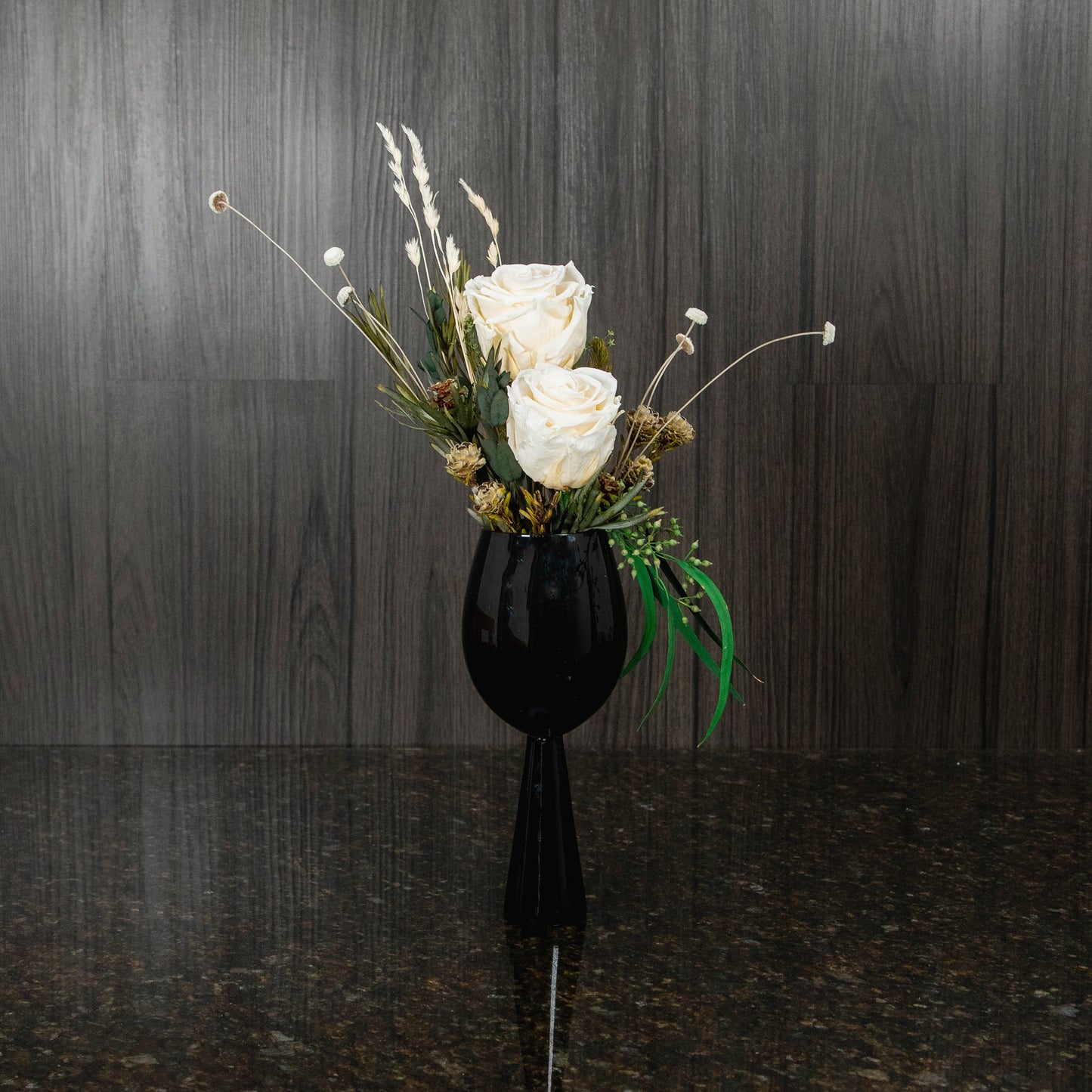 2 Preserved Cream Roses in Black Glass Vase