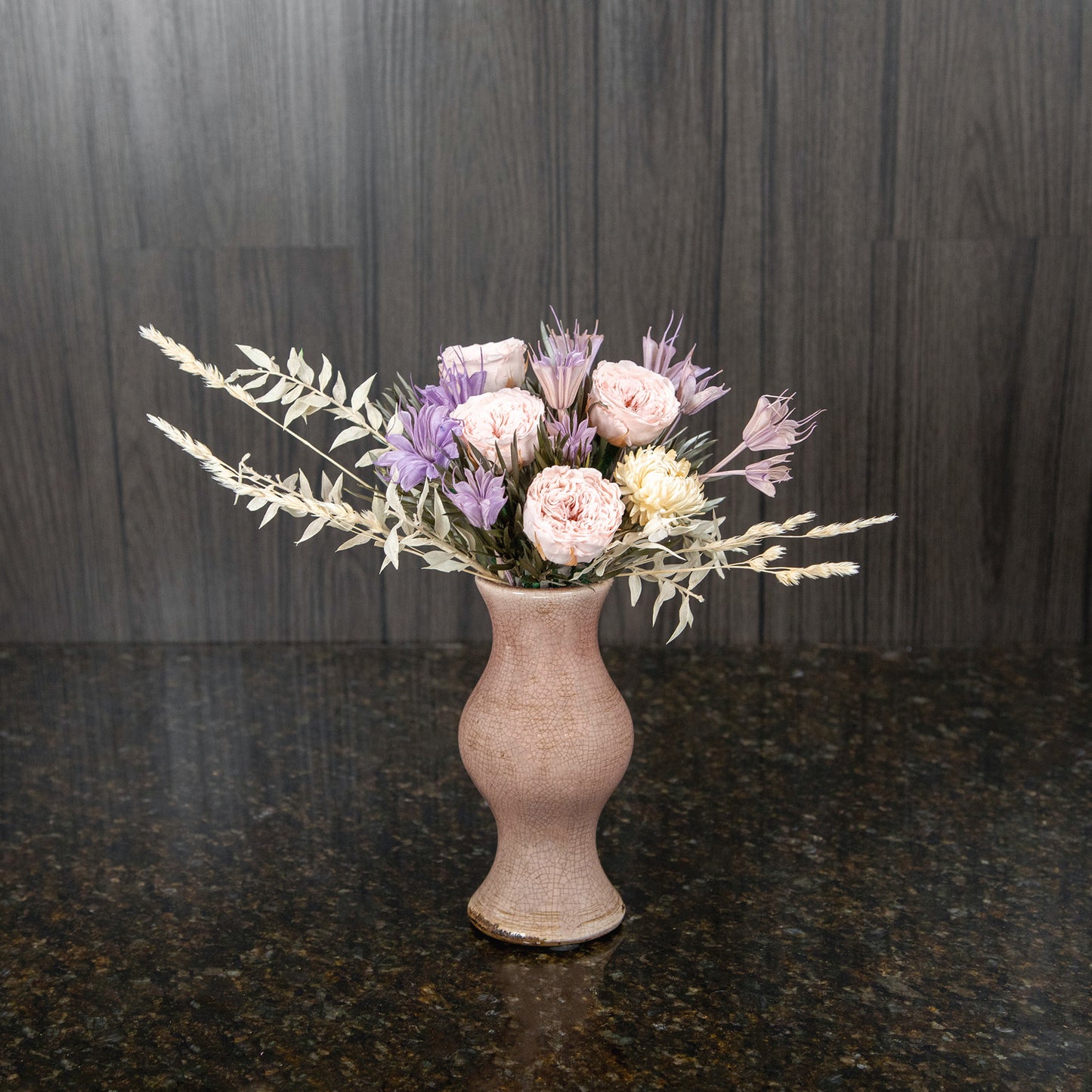 4 Petite Preserved Light Pink Garden Roses in Ceramic Vase