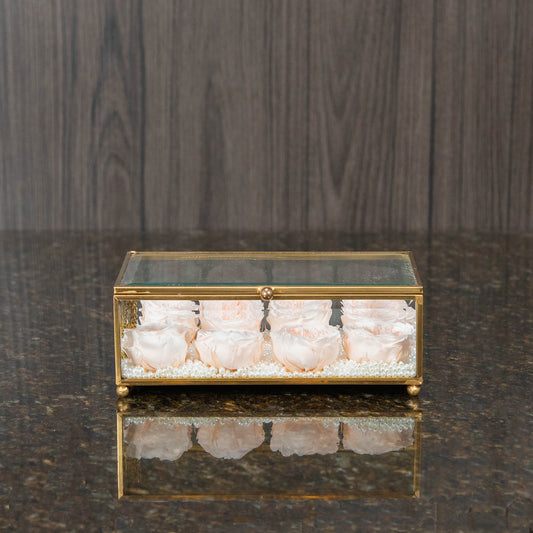 a glass box with 8 peach preserved roses inside with faux pearls lining the bottom