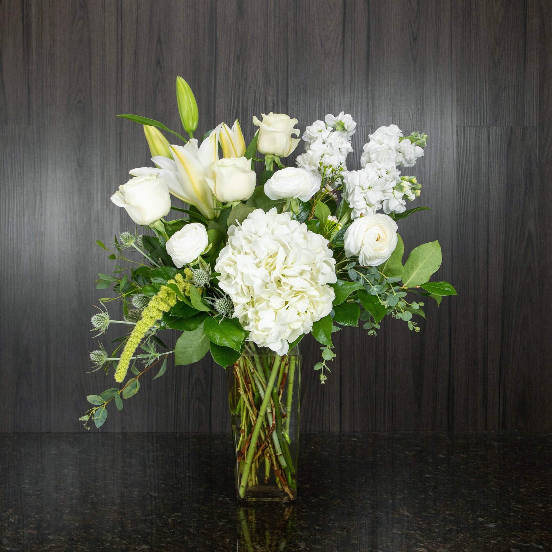 Snowy Dreams' - All-White Winter Floral Arrangement with Cedar